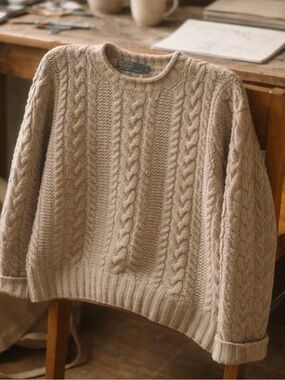 Polo by Ralph Lauren Cable Knit Crewneck Sweater in Beige